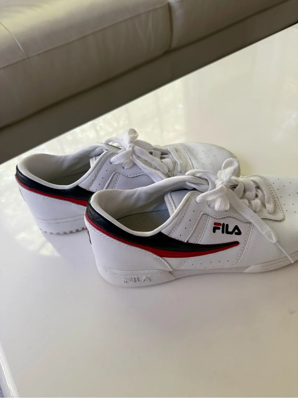 FILA White Sneakers with Black & Red Swoosh